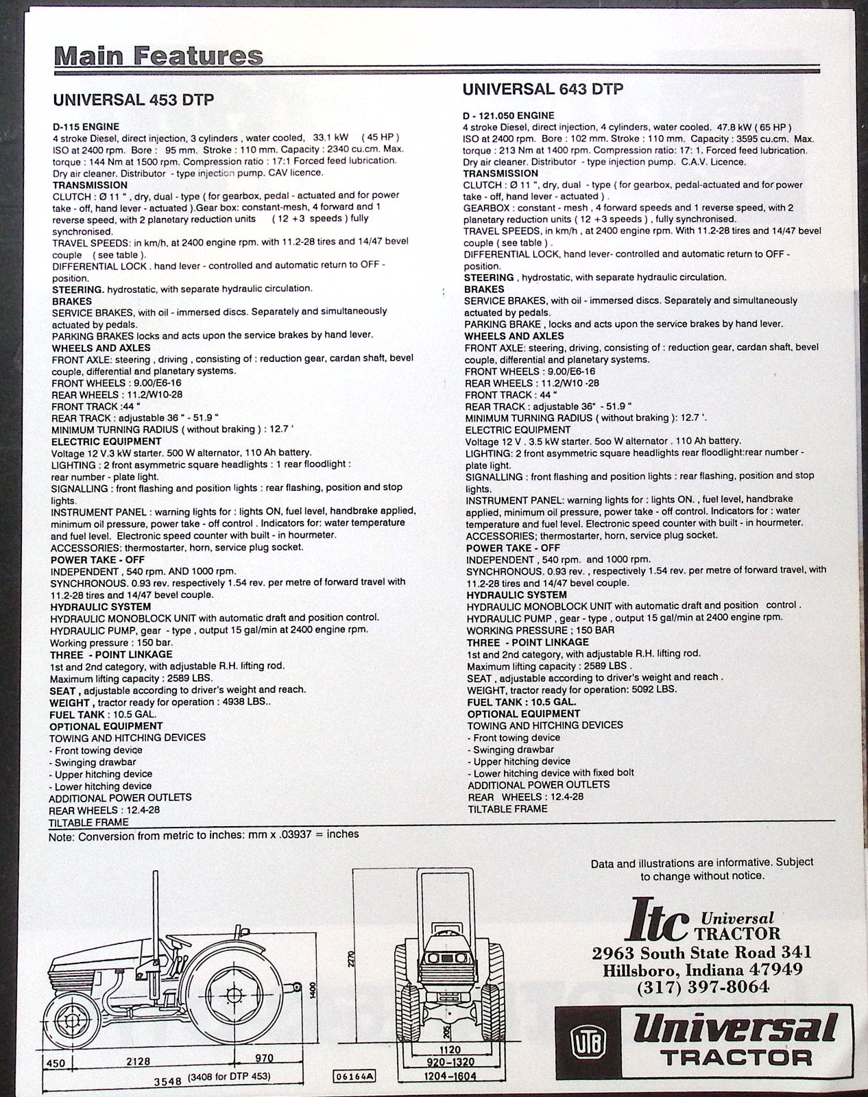 Universal Tractor U-453-DTP, 643-DTP spec sheet brochure