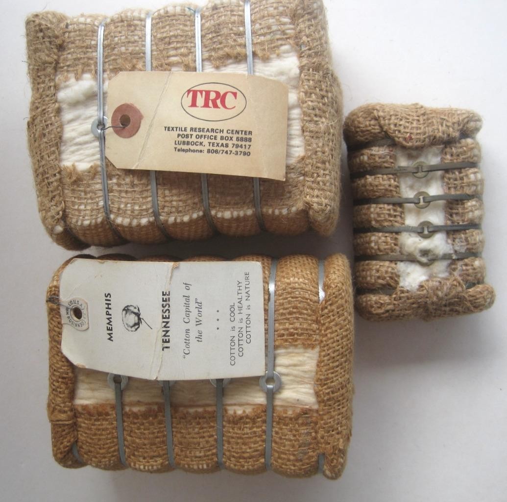 Cotton Bales Souvenir Set 3 Memphis TN Lubbock TX Burlap Metal Tags 5 x 3 x 3