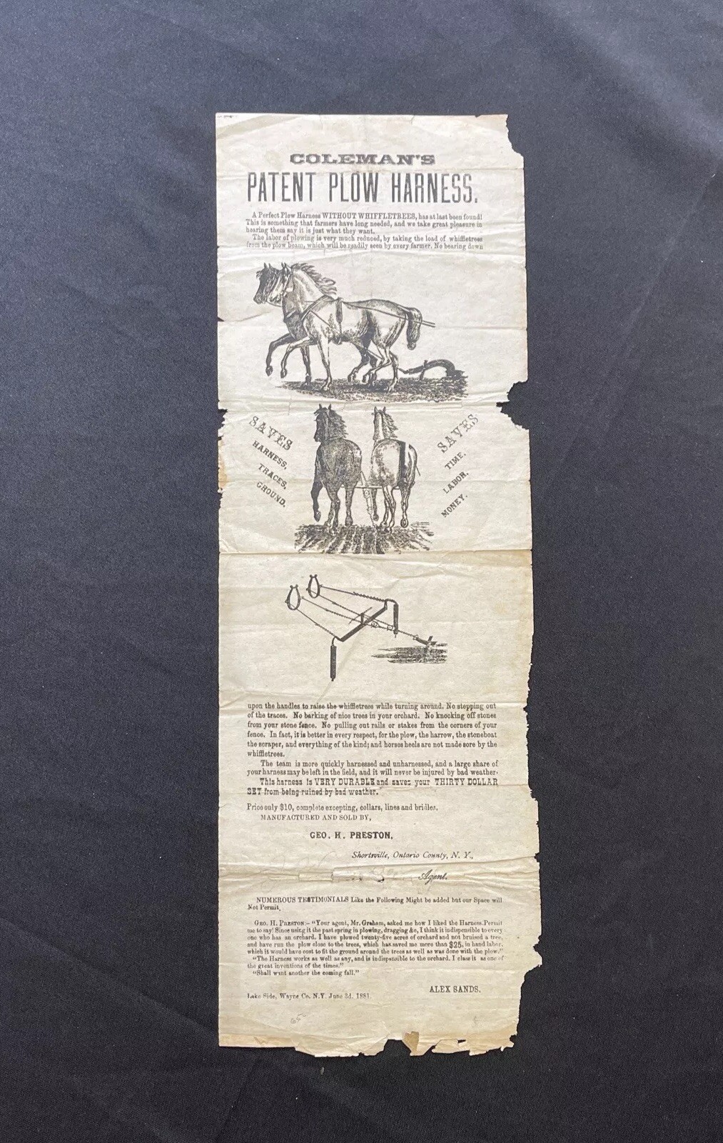 1881 Coleman&rsquo;s Plow Harness Broadside Shortsville New York Farm Machinery
