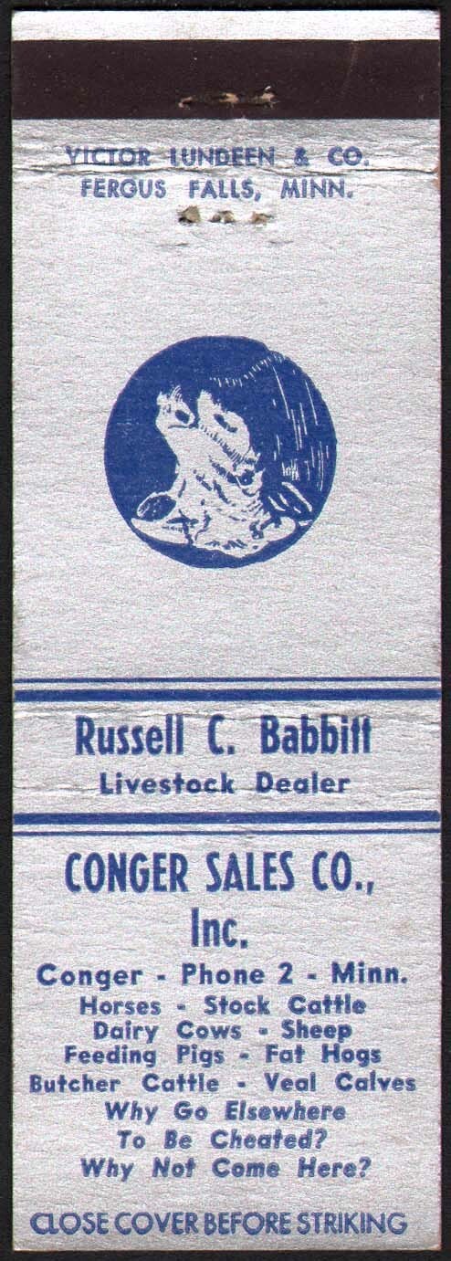 Vintage matchbook cover CONGER SALES CO cow pictured Conger Minnesota unstruck