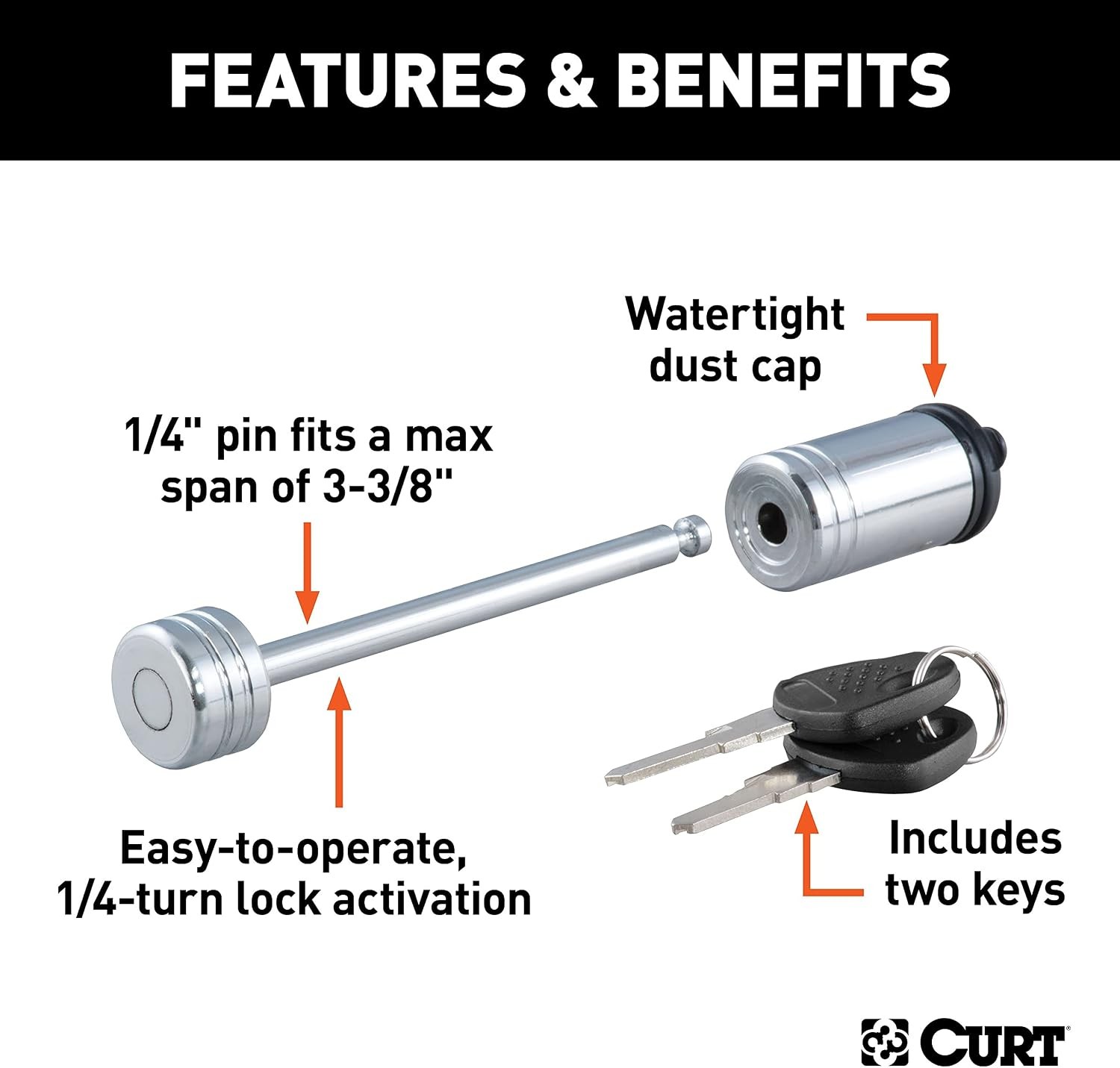 CURT 23523 Chrome Trailer Tongue Coupler Lock, 1/4-Inch Pin Diameter, Up to 3-3/