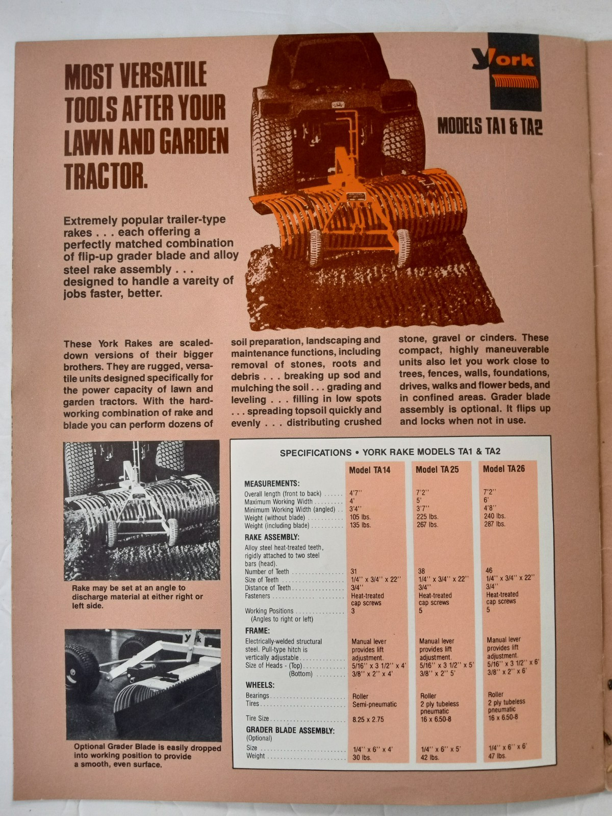 YORK RAKES Sales Brochure Models PRO RE RS TA1 TA2 RW Catalog 1970&rsquo;s