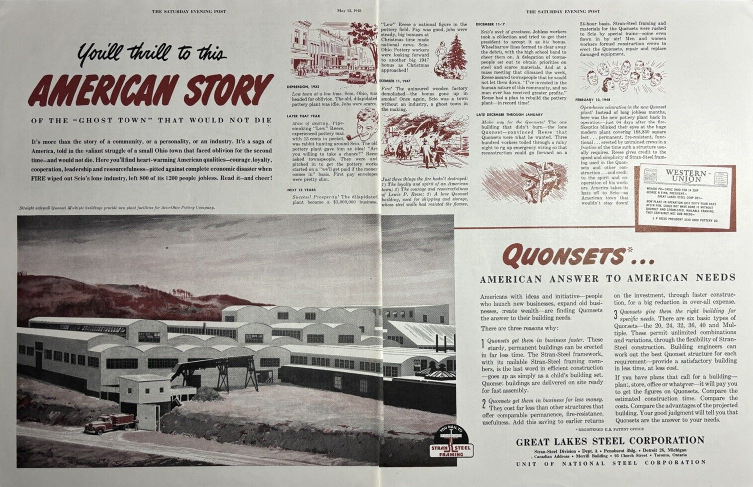 1948 Great Lakes Steel Corp Detroit Mich American Story Quonsets VTG Print Ad