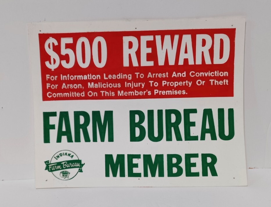 Vintage Indiana Farm Bureau Member Sign $500 Fine Plastic