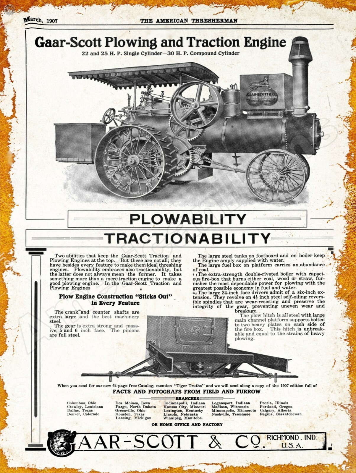 1907 Gaar Scott Traction Engine New Metal Sign: Richmond, Indiana