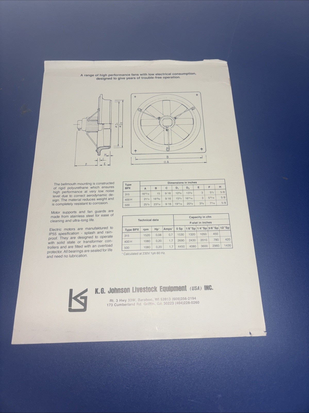 Vintage BMX Fans Schematic Brochure K.G. Johnson Livestock Equipment Baraboo