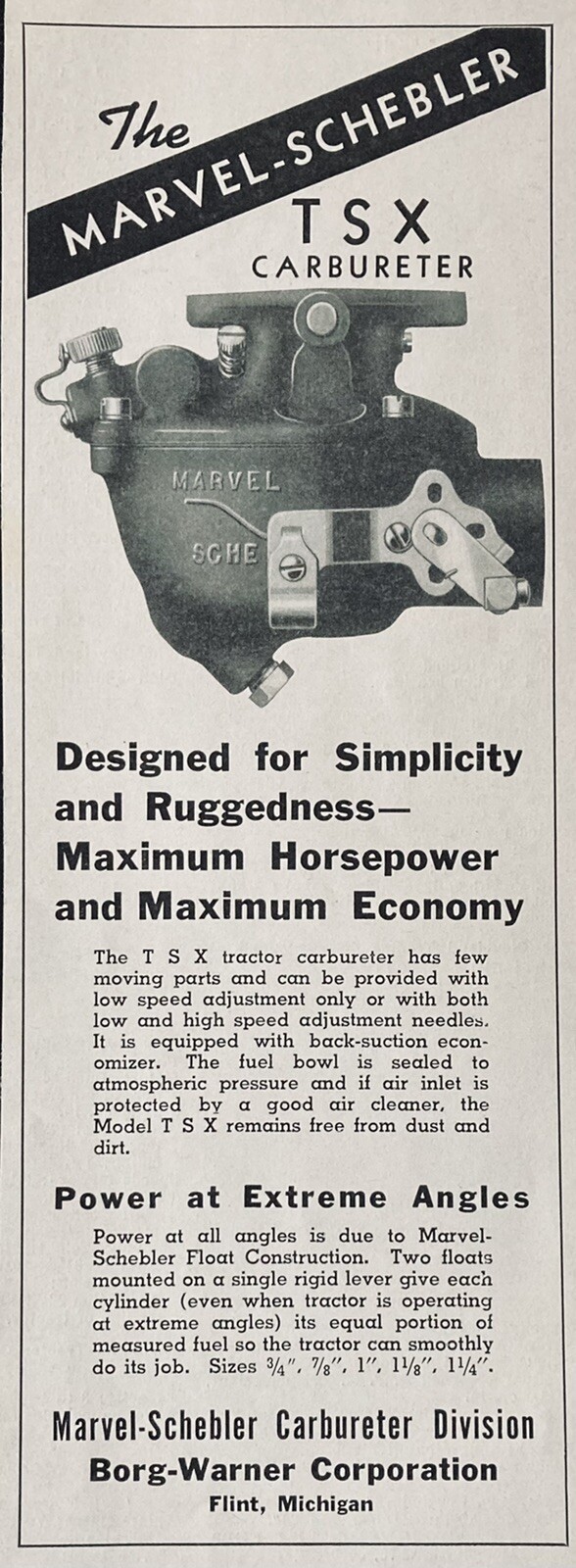 1941 AD.(XH31)~BORG-WARNER CO. FLINT, MI. MARVEL-SCHEBLER TSX TRACTOR CARBURETOR