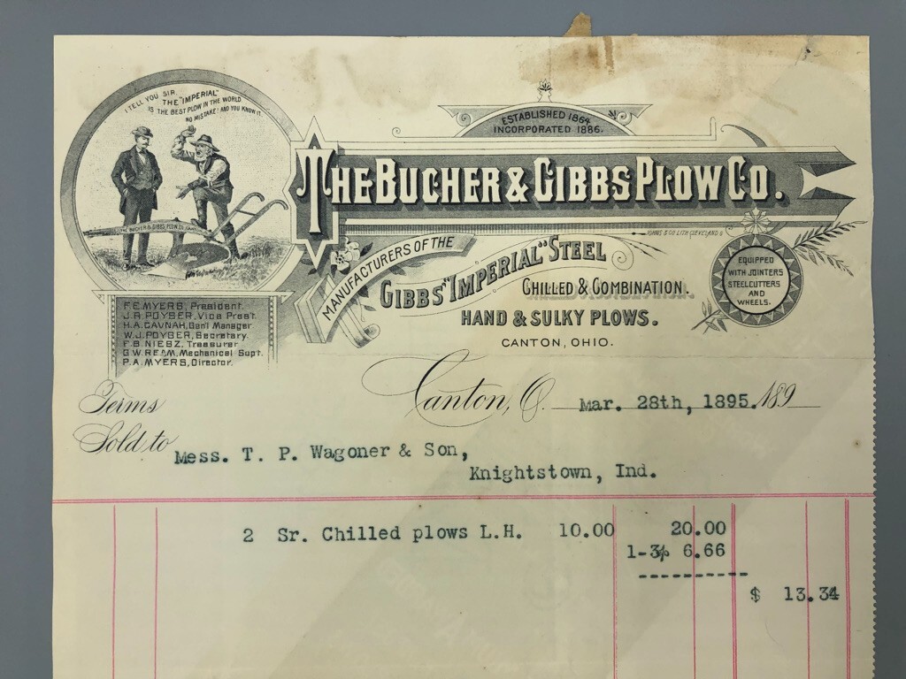 1895 Bucher & Gibbs PLOW Bill Antique Farm Advertising CANTON OH Worlds Fair