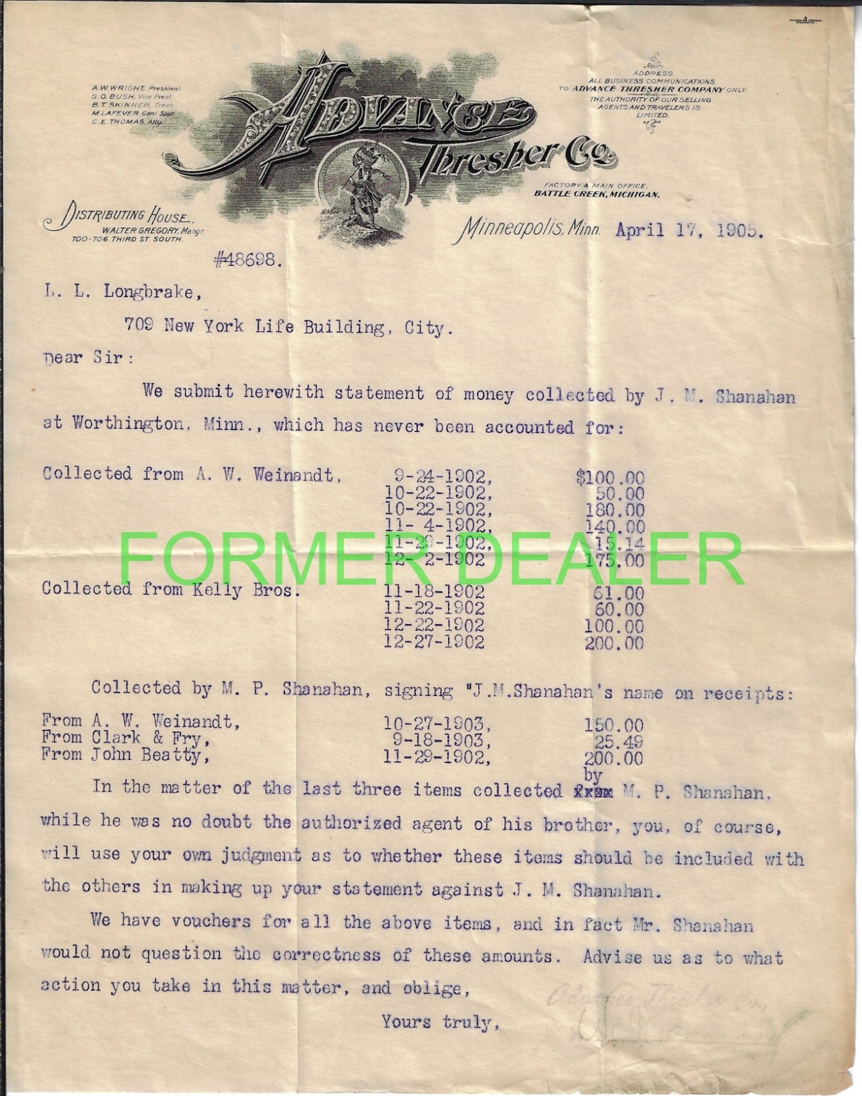 Advance Thresher Company Missing Funds Letter – 1905
