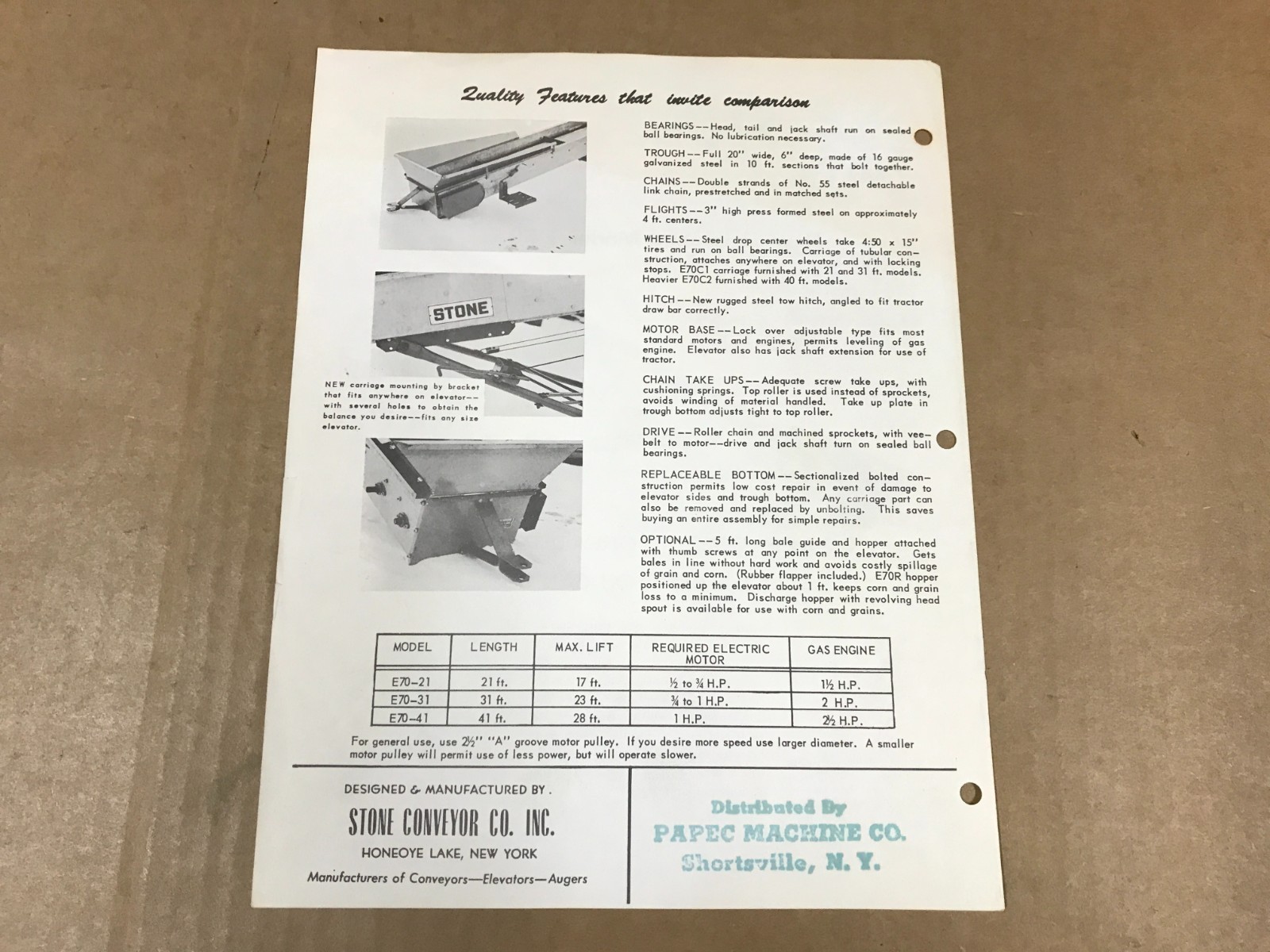Vintage Stone Model E-70 Elevator Salesman Flyer