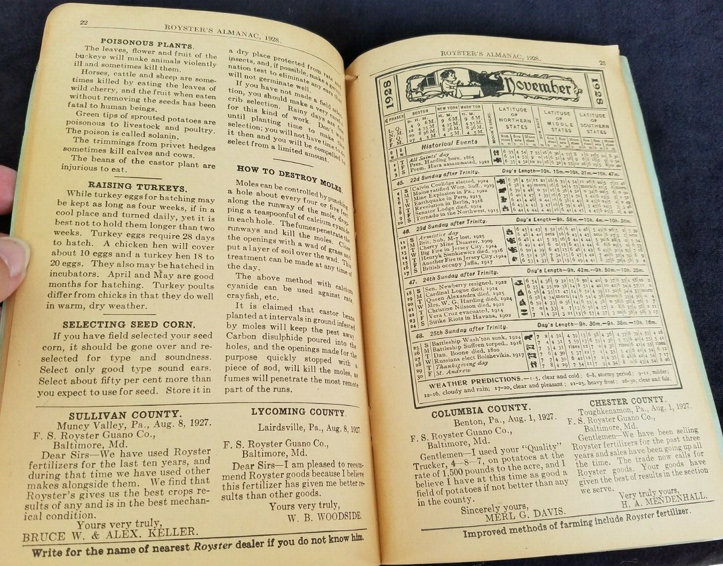 1928 Royster&rsquo;s Almanac FS Royster Guano Baltimore Farm Fertilizer Mine Bartow FL