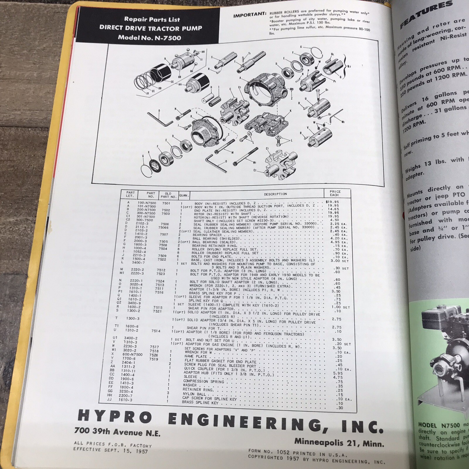 Vintage HYPRO Pumps Dealer Catalog Sales Flyer Specs Book Printed In USA 1957