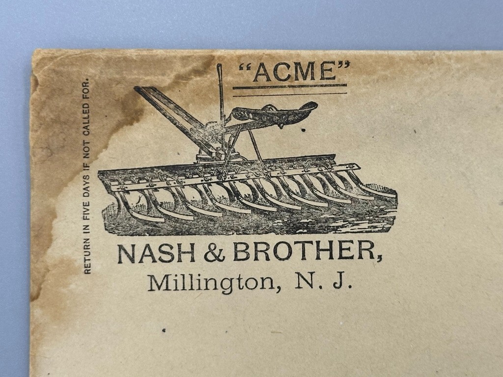 1880s ACME Nash & Brother MILLINGTON NJ Farm Advertising Envelope Partial