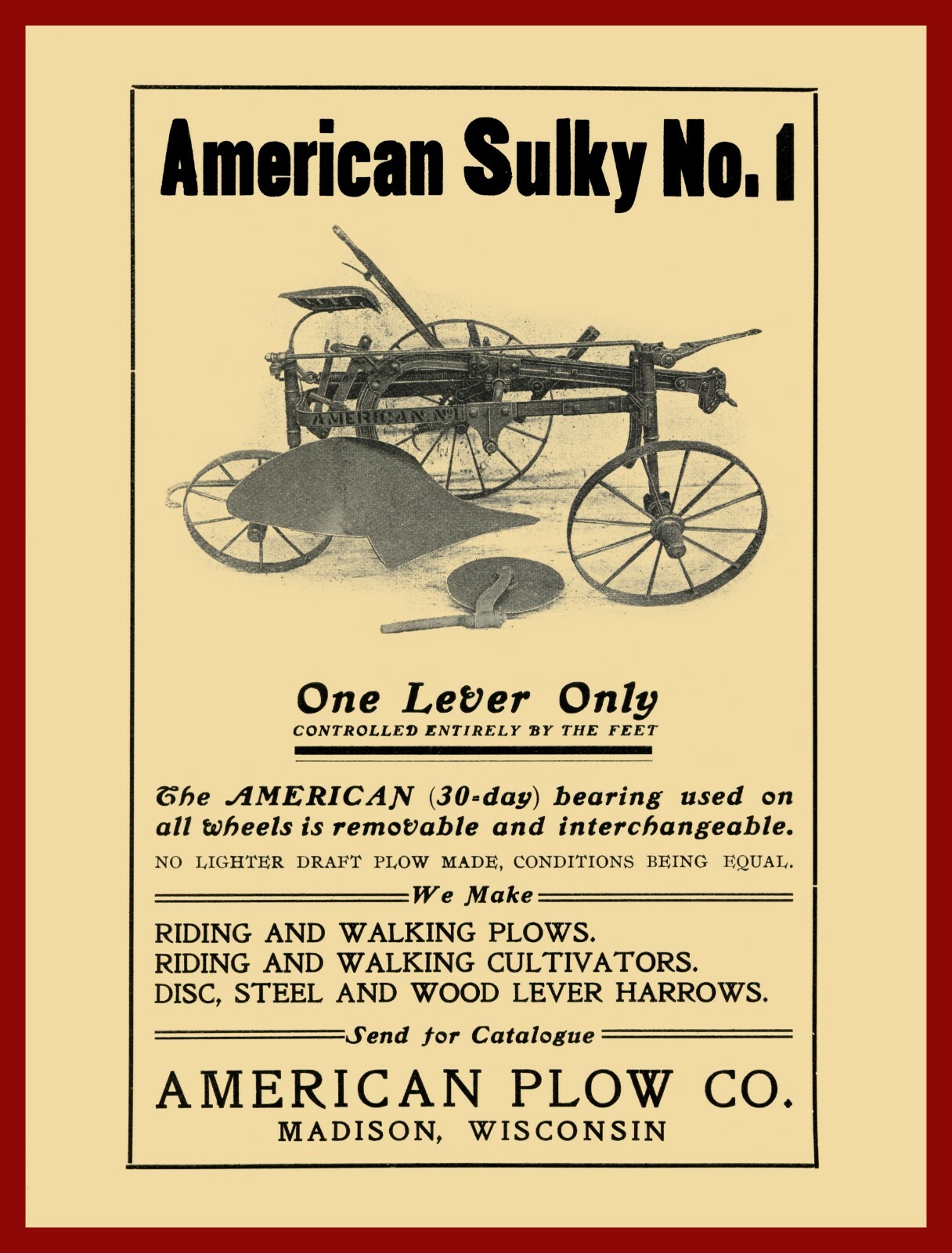 1905 American Plow Co. NEW Metal Sign: American Sulky No. 1 Model – Madison, WI