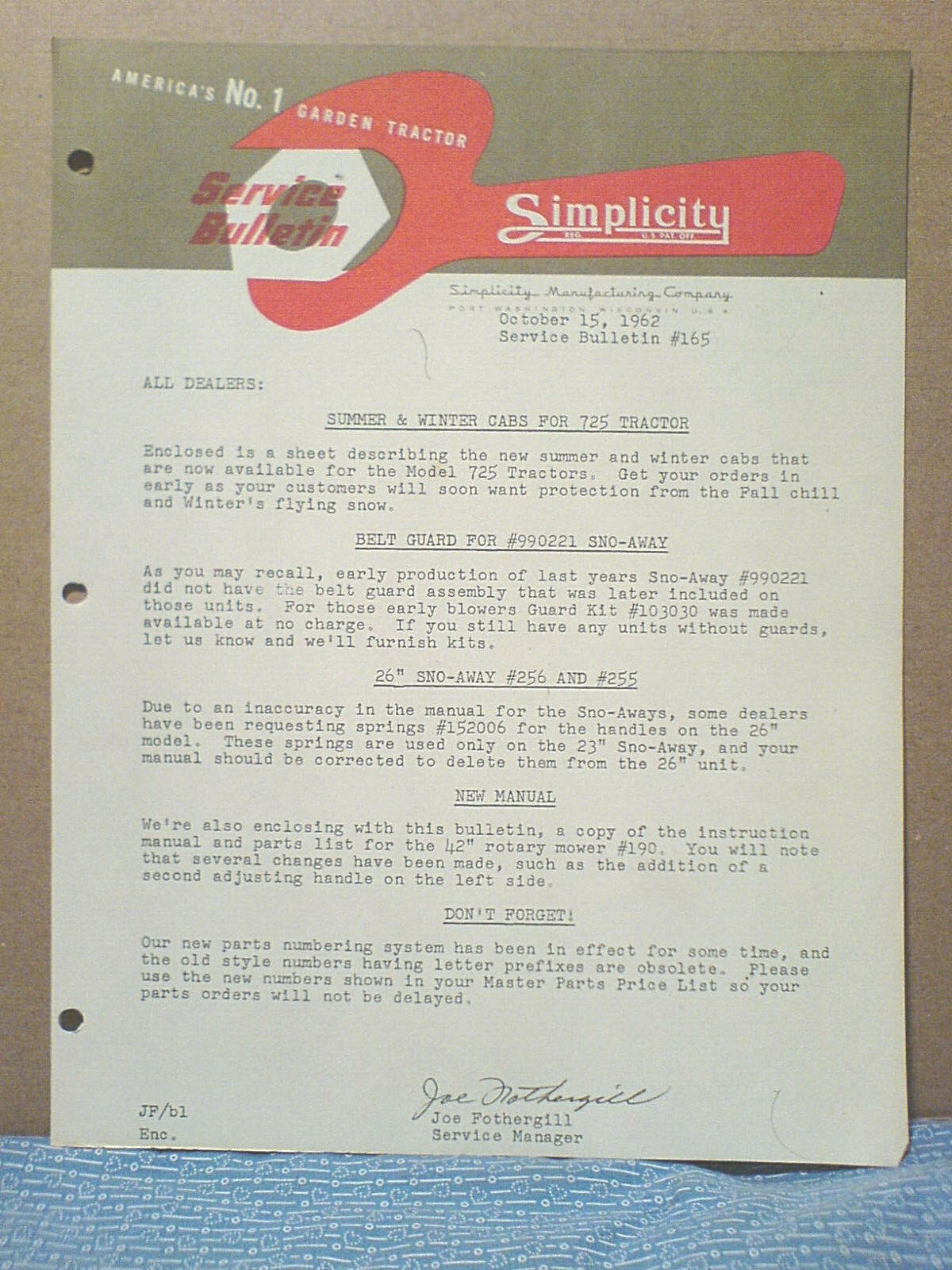 SIMPLICITY ORIGINAL OCTOBER 17, 1962 SERVICE BULLETIN. #165