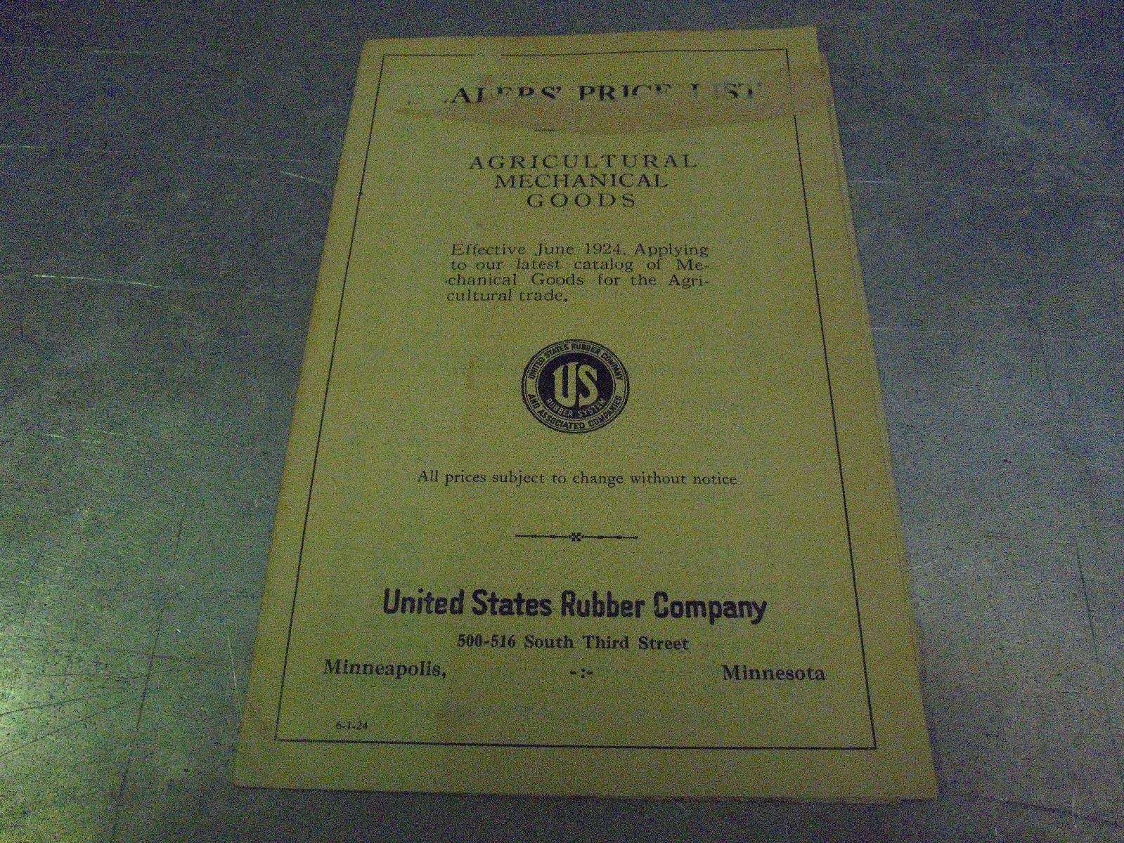 Vintage 1924 United States Rubber Company Dealers Price List