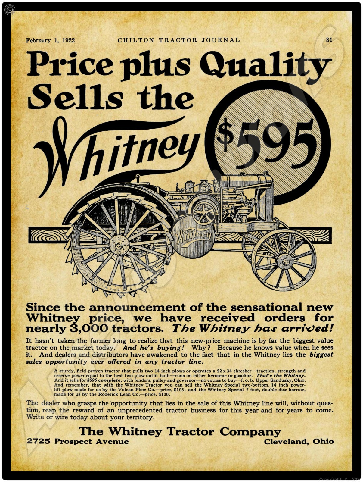 1922 Whitney Tractors NEW Metal Sign – 24&Prime; x 30&Prime; USA STEEL XL Size – 7 lbs