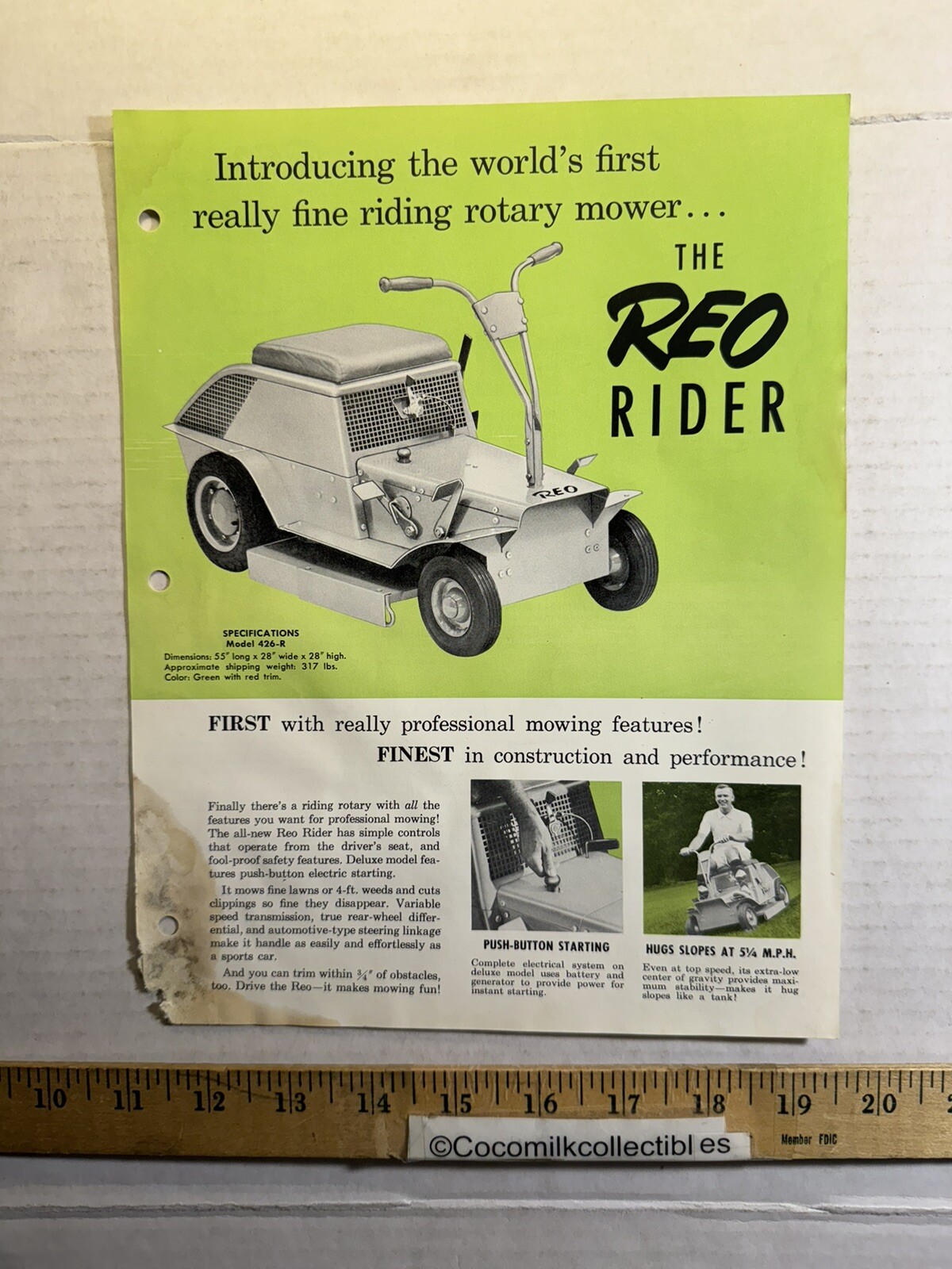 Vintage The Reo Rider Riding Rotary Mower Lansing Michigan Brochure Damaged