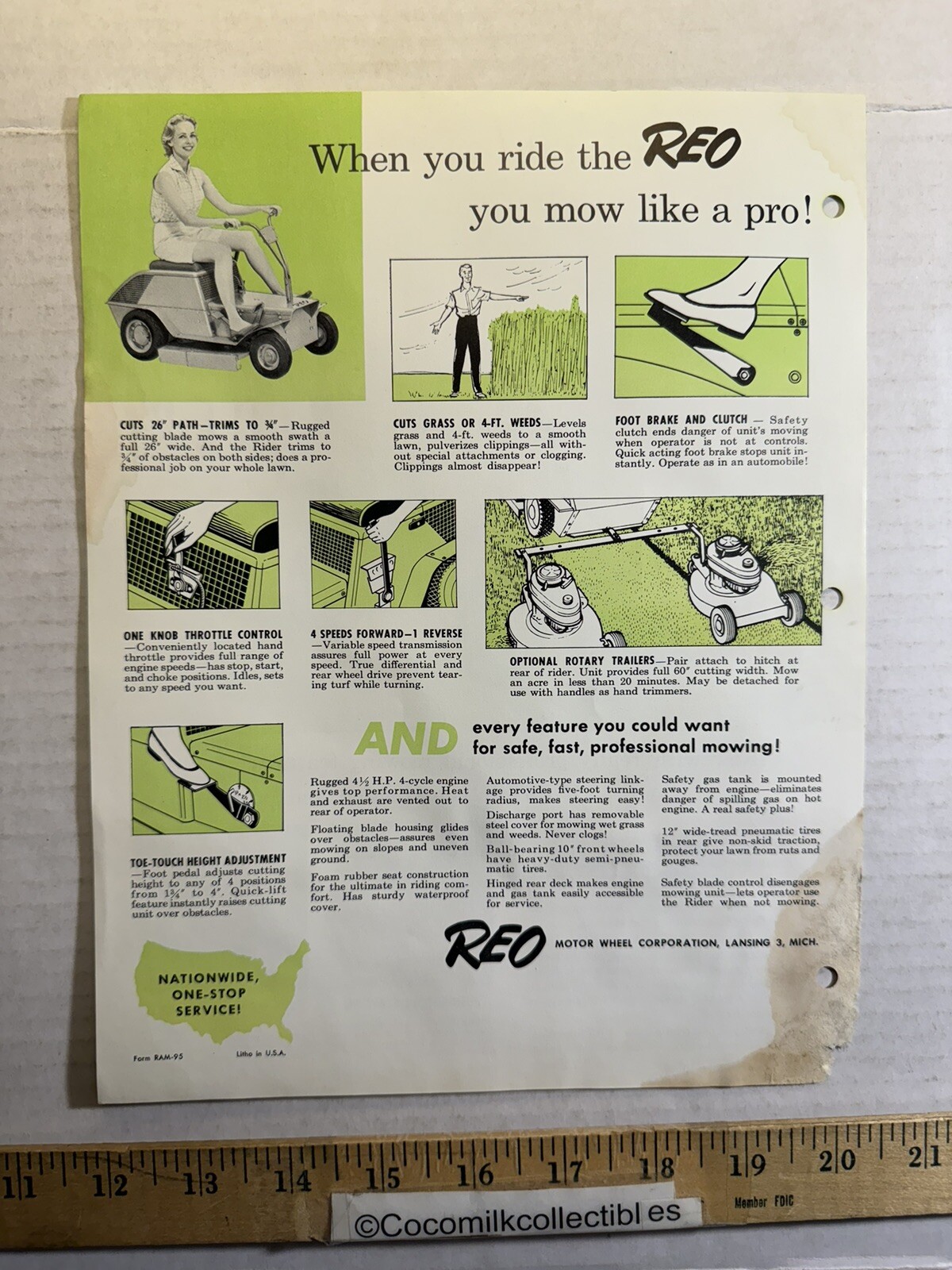 Vintage The Reo Rider Riding Rotary Mower Lansing Michigan Brochure Damaged