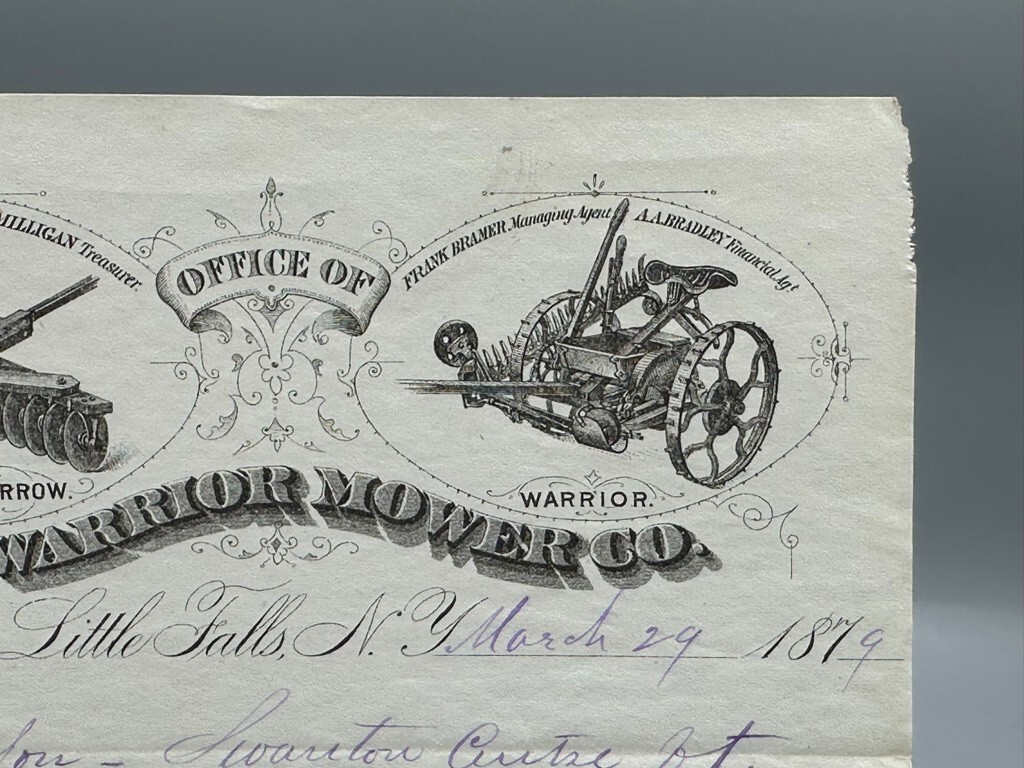 1879 WARRIOR MOWER Co Randall Harrow FARM Advertising Letterhead LITTLE FALLS NY