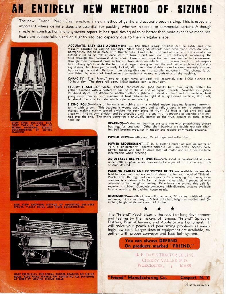 Peach Sizer Ad Sheet, « Friend » Manufacturing Co. Gasport, NY Illustrated c 1930s