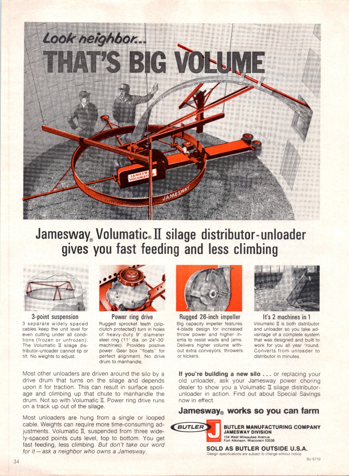 1975 Jamesway Volumatic II Silage Distributor Unloader 70&rsquo;s Vintage Print Ad