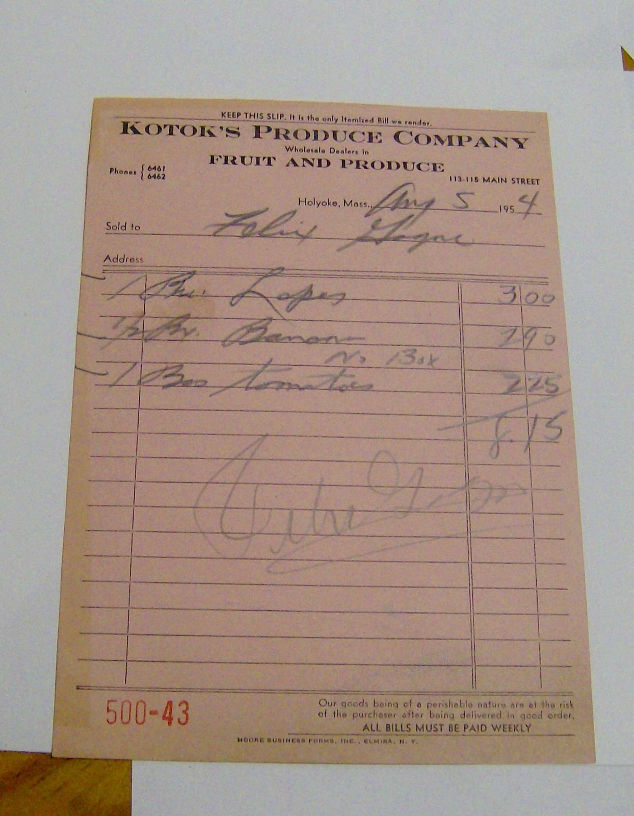 vintage 1954 KOTOK&rsquo;S PRODUCE COMPANY receipt HOLYOKE MASSACHUSETTS fruit farm