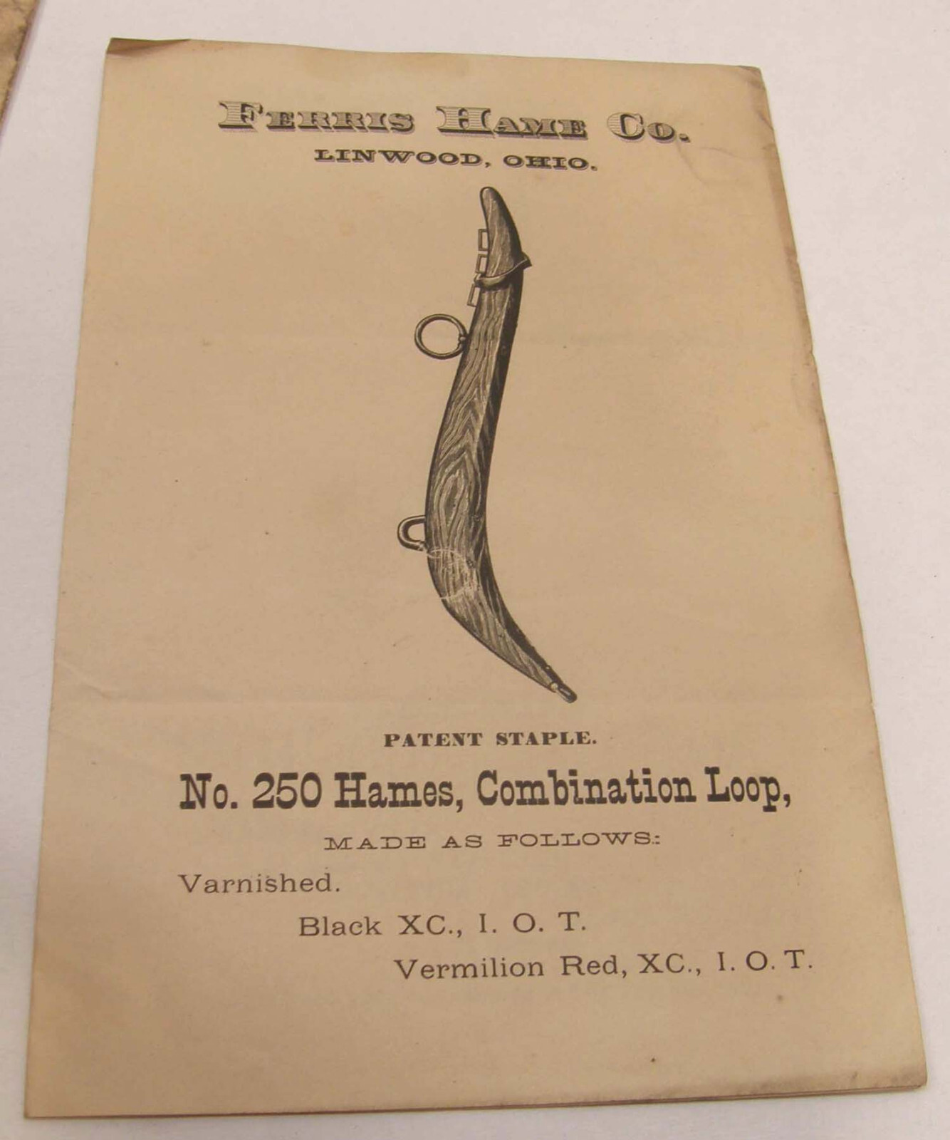 ANTIQUE c1870 BROCHURE FERRIS HAME CO LINWOOD OHIO HAMILTON COUNTY HORSE COLLAR