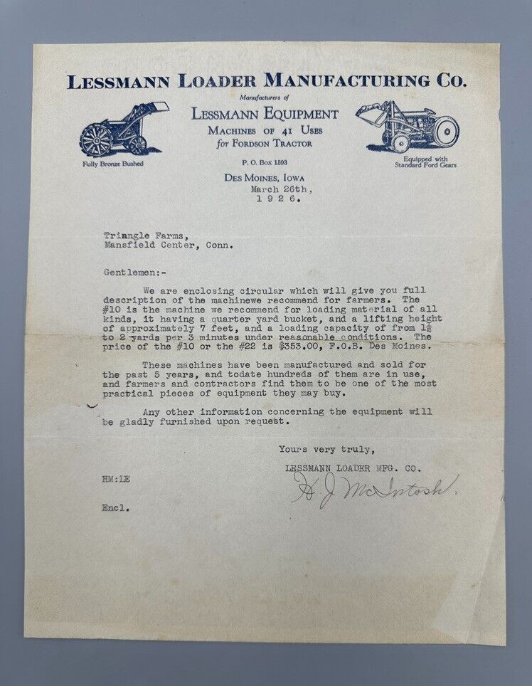 1926 Lessmann LOADER for FORDSON TRACTOR Farm DES MOINES IOWA Advertising Letter