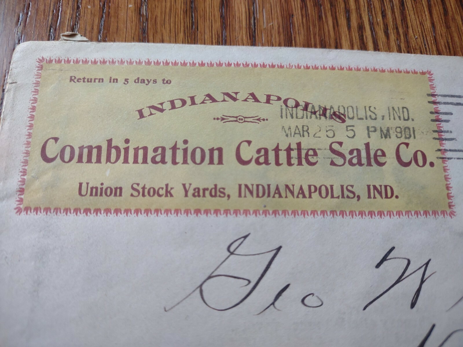 Vintage Envelope From 1901 Indianapolis Combination Cattle Sale Company