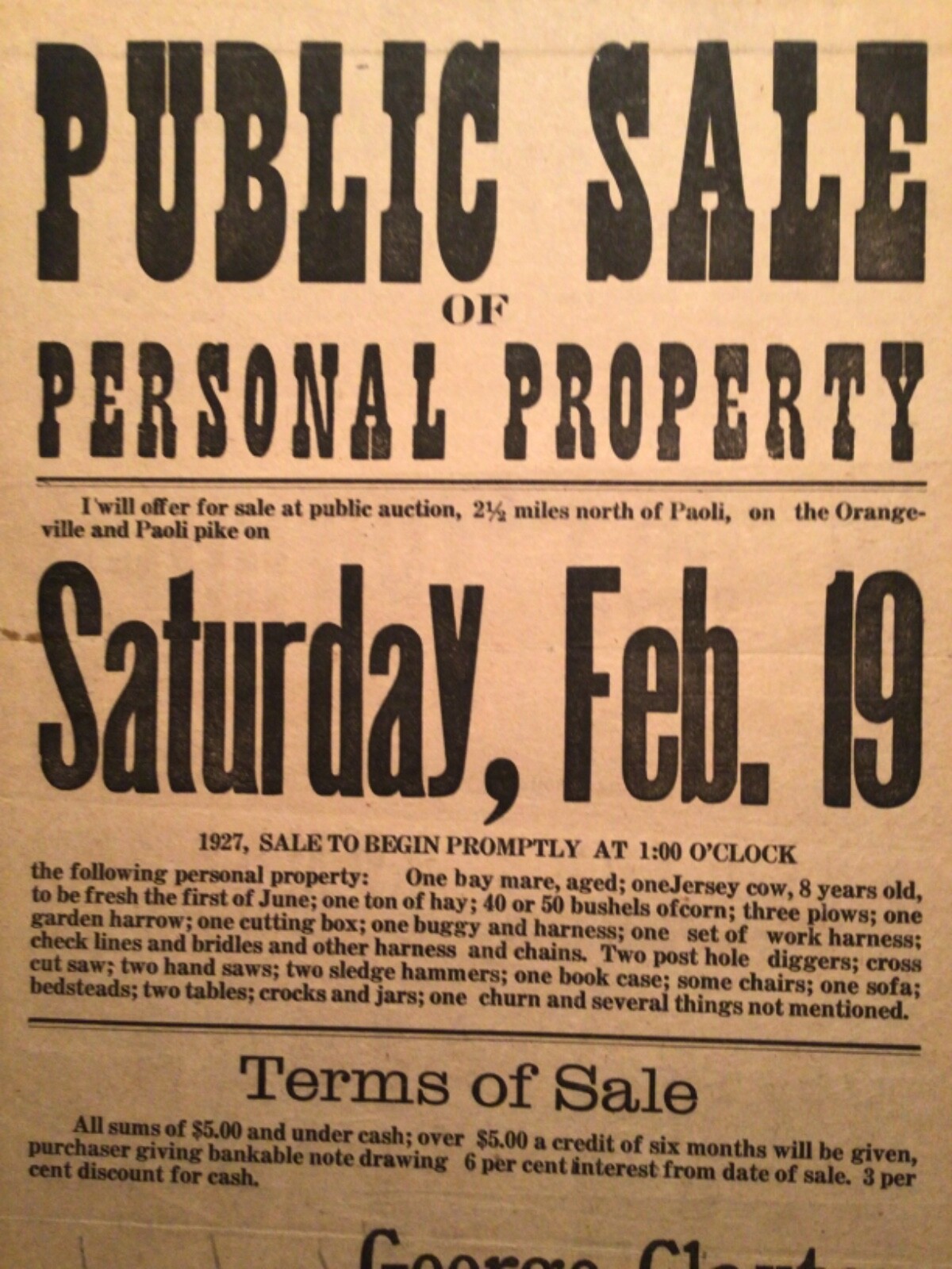 Vtg. Sale Bill Public Auction 1927 Paoli IN George Claxton Farm Stock, Machinery