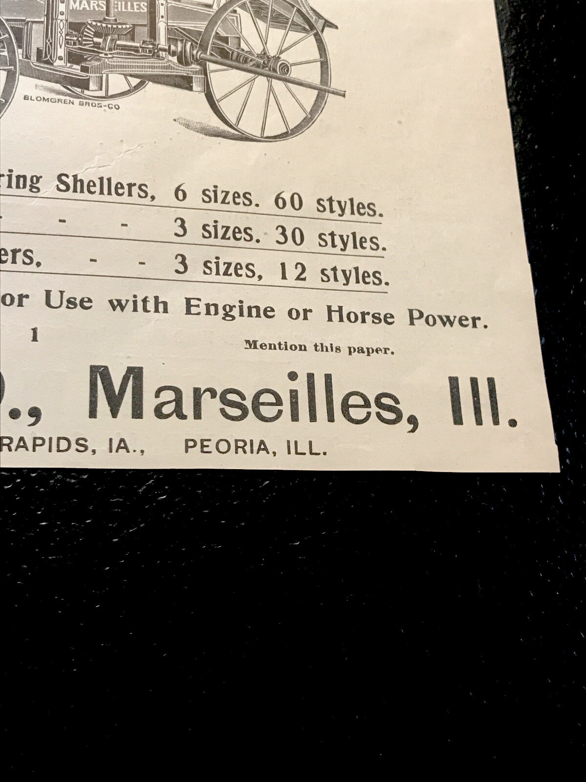 ORIGINAL 1897 Marseilles Shellers Farm Implement Advertising – Illinois