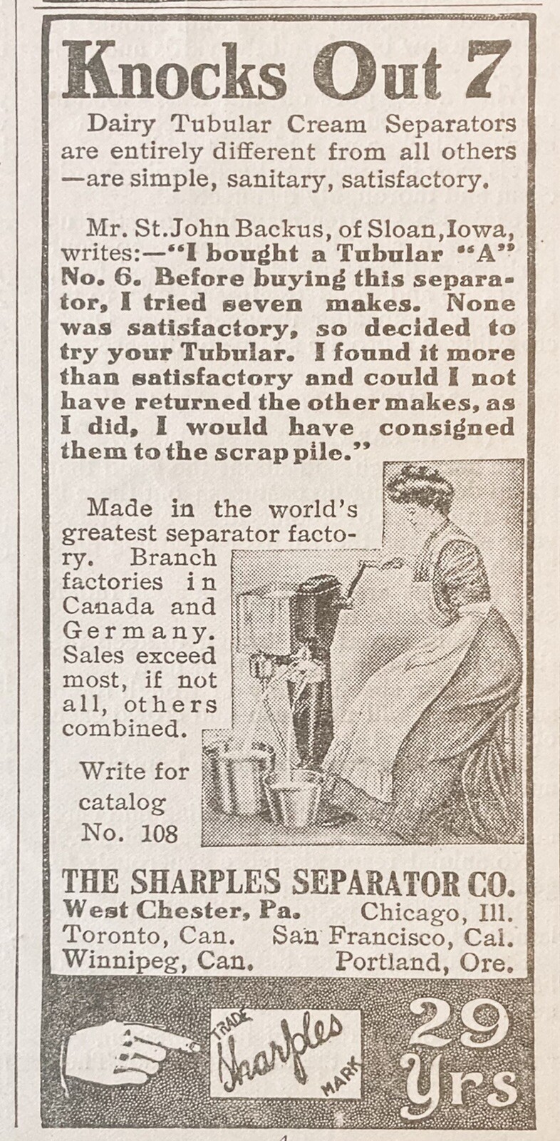 1909 AD.(XH10)~SHARPLES SEPARATOR CO. WEST CHESTER, PA. CREAM SEPARATORS