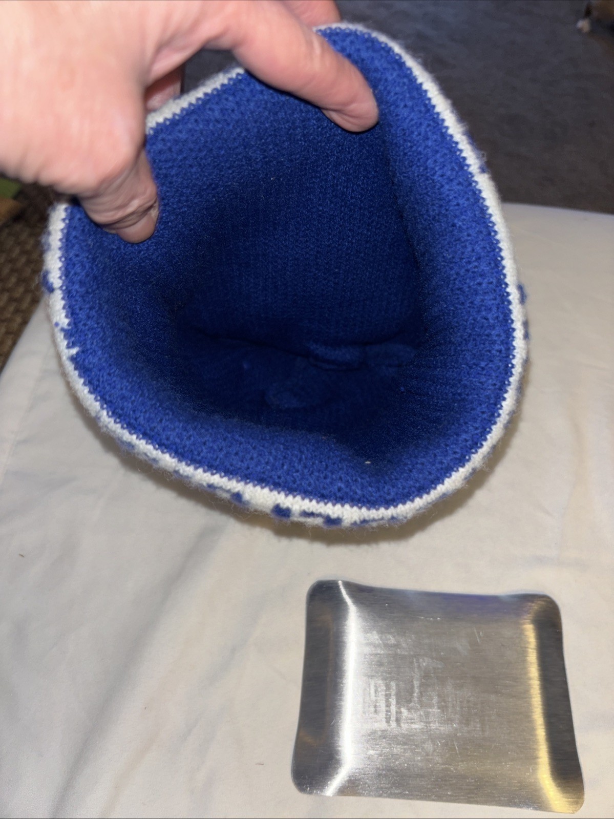 Vtg WICKES AGRICULTURE Advertising Blue/White Knit Stocking Cap & 5×4” Ash Tray