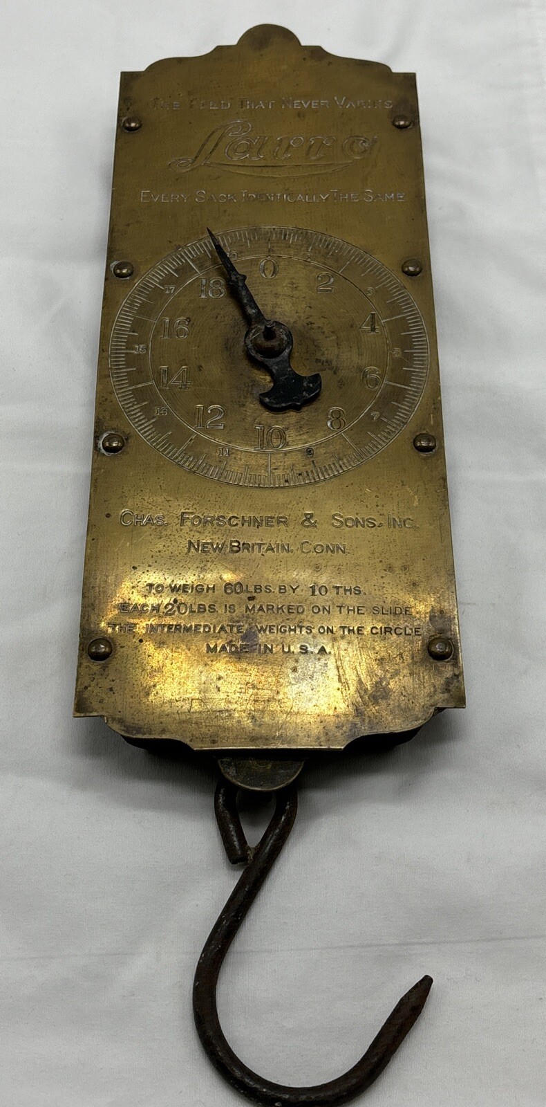 Vintage Larro Farm Sure Milk Brass Hanging Scale Dairy Farm Advertising.
