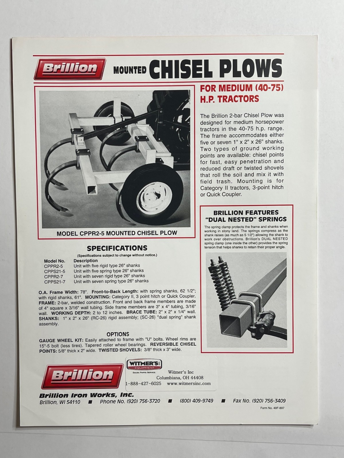 Brillion Mounted Chisel Plows Sales Brochure *Showroom Dealer Item*