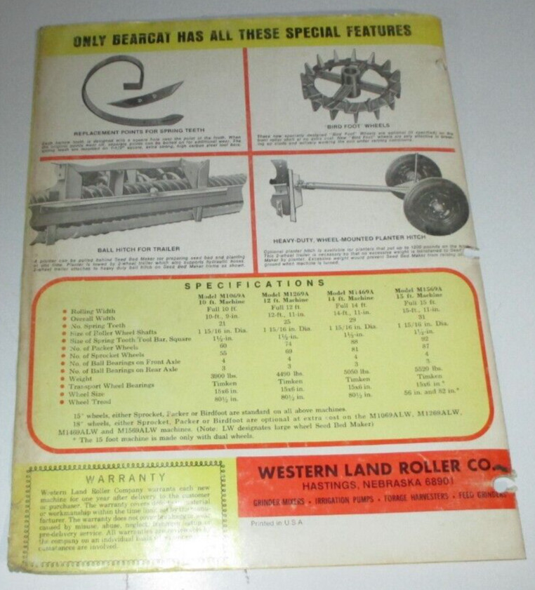 Bear Cat M1069A M1269A M1469A M1569A Seed Bed Maker Sales Brochure Literature