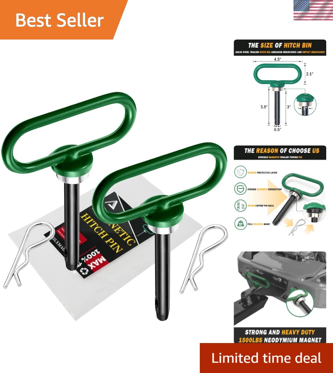 Versatile 2 Pack Magnetic Hitch Pins – Perfect for Mowers and ATVs, 1/2 Inch