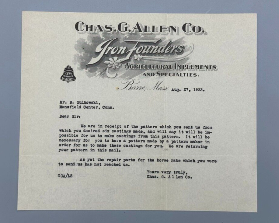 1923 -24 IRON FOUNDERS Agricultural Antique FARM Advertising Letter BARRE MA