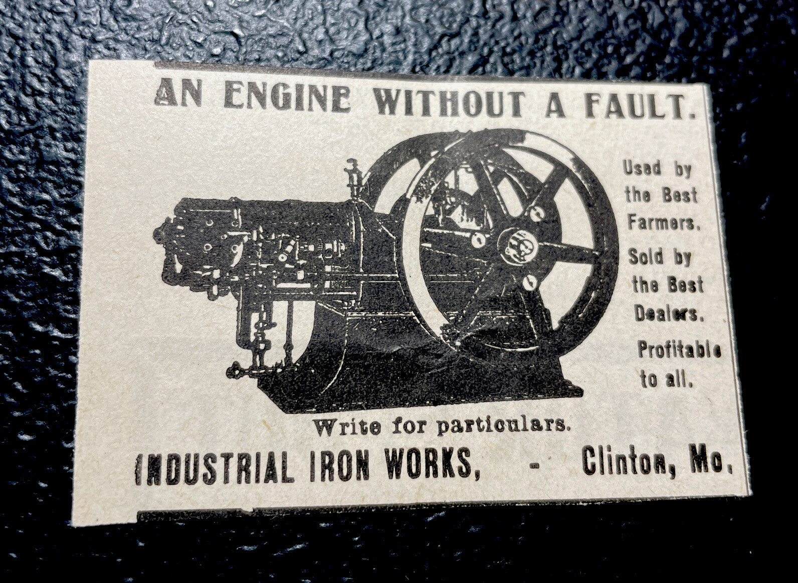 1907 Industrial Iron Works Gasoline Engine Farm Advertising – Clinton – Missou