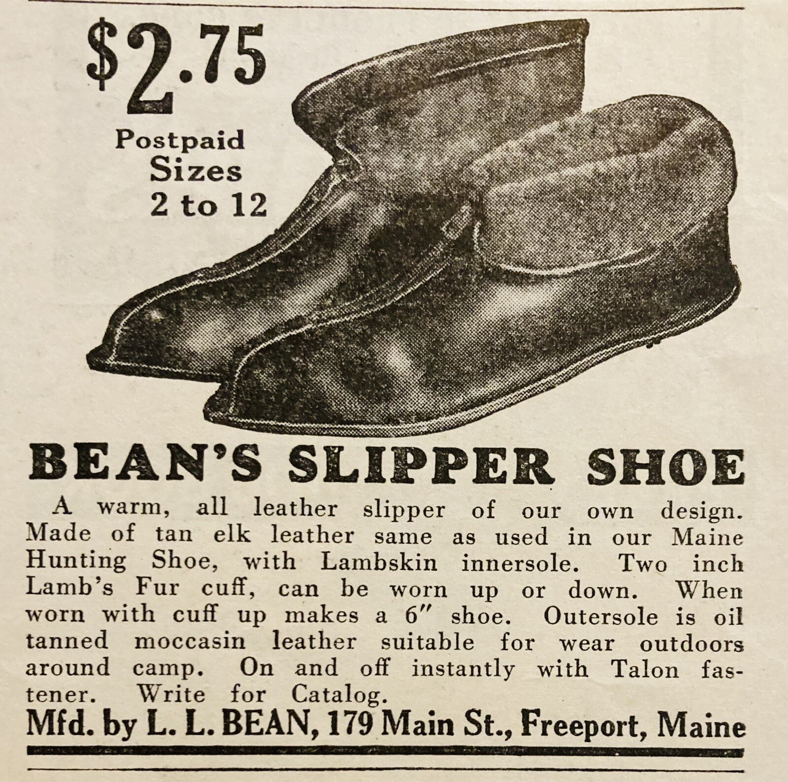 1933 AD.(XH82)~L.L. BEAN MFG. CO. MAIN ST. FREEPORT, ME. BEAN’S SLIPPER SHOE
