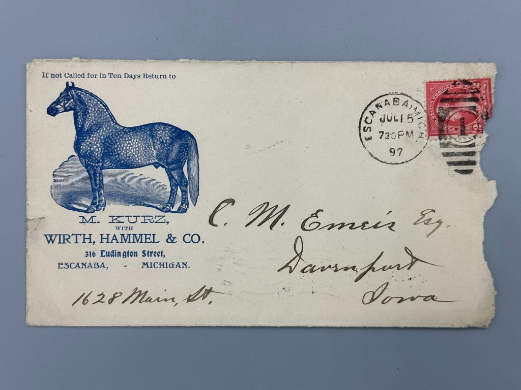 1897 SPOTTED HORSE Michigan ESCANABA Illustrated Postal Cover FARM Advertising