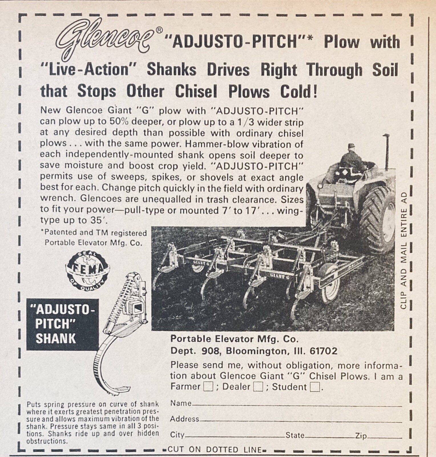 1967 AD.(XH8)~PORTABLE ELEVATOR CO. BLOOMINGTON, ILL. GLENCOE GIANT “G” PLOW