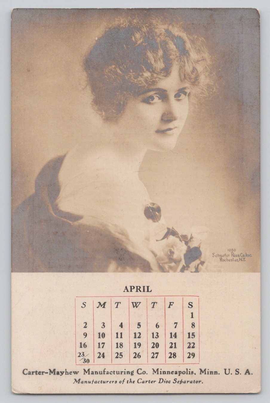 Carter Disc Separator Carter Mayhew Mfg Co April Calendar Trade Card 3.5×5.75&Prime;