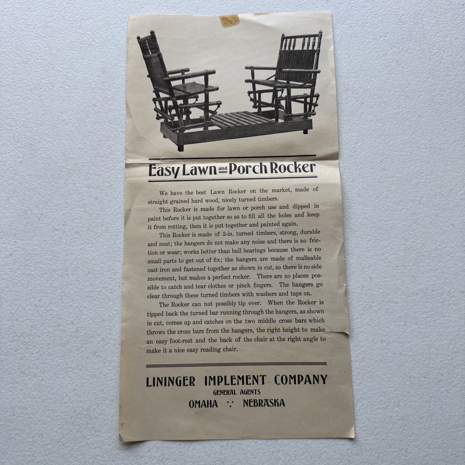 Lininger Implement Company Omaha, NE Easy Lawn And Porch Rocker Advertisement