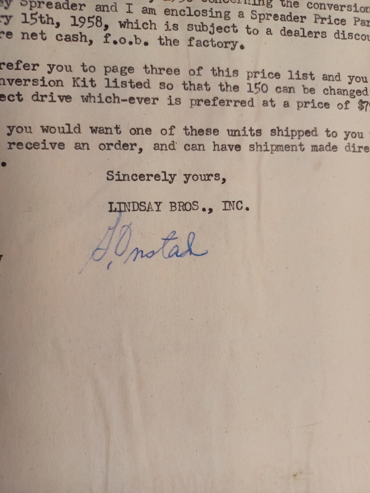 1958 Letter Lindsay Bros Co implement shop original signed