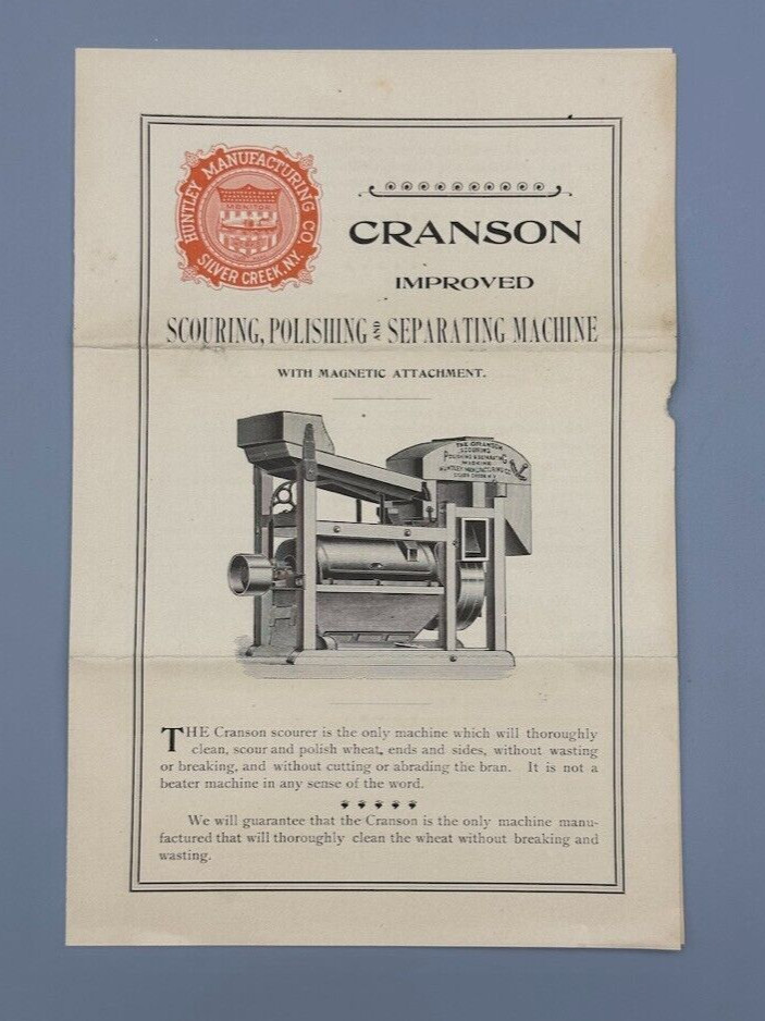 c 1900 HUNTLEY Mfg CRANSON WHEAT MACHINE Silver Creek NY Farm Advertising Antque