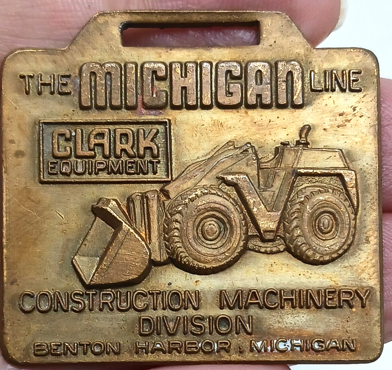 CLARK Equipment Watch Fob MICHIGAN Line Tractor Brass Key Benton Harbor VTG #J-8