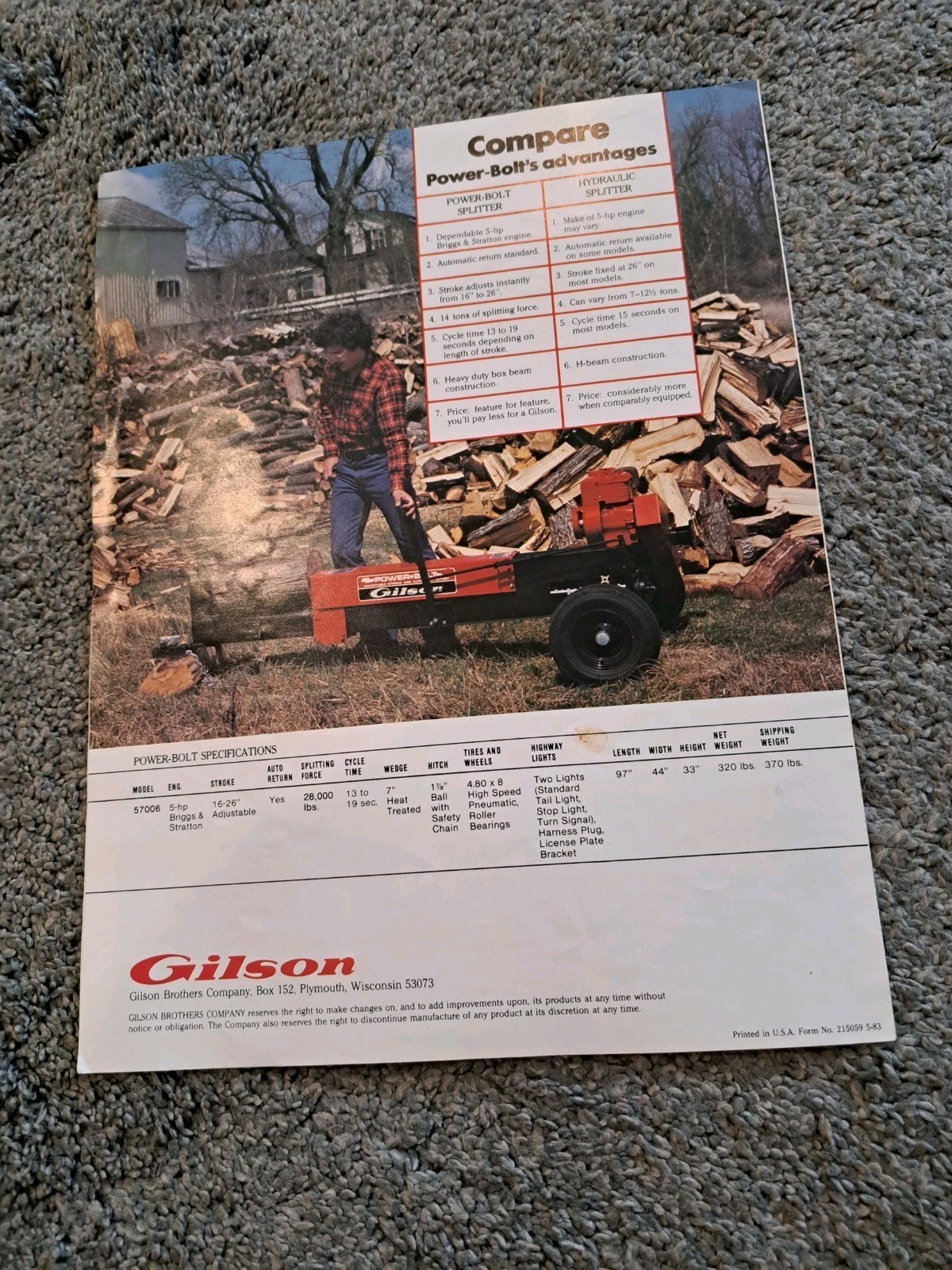 Vintage Gilson Power-Bolt Log Splitters Sales Brochure