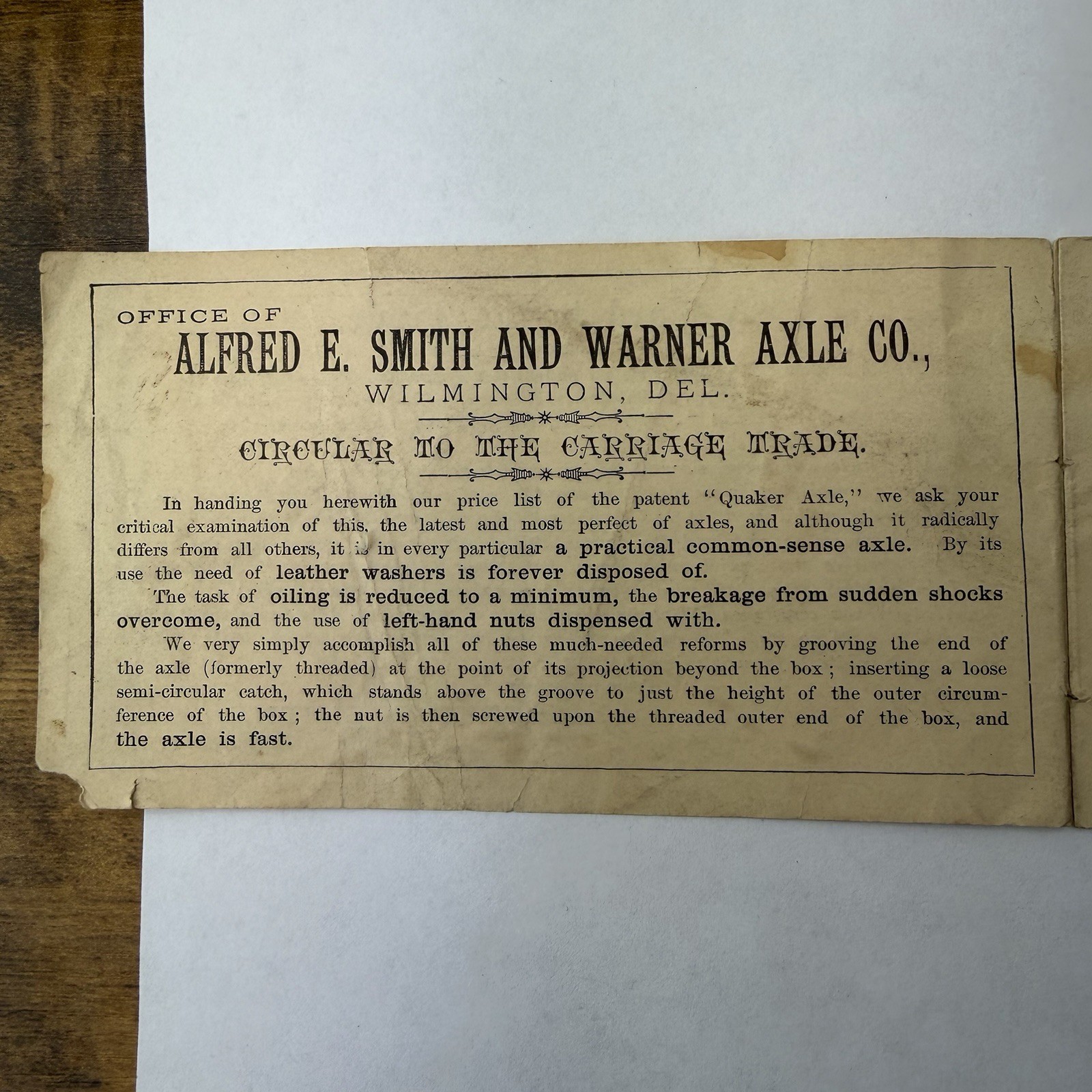 1883 Alfred E. Smith & Warner Axle Co Wilmington DE Carriage Trade Catalog
